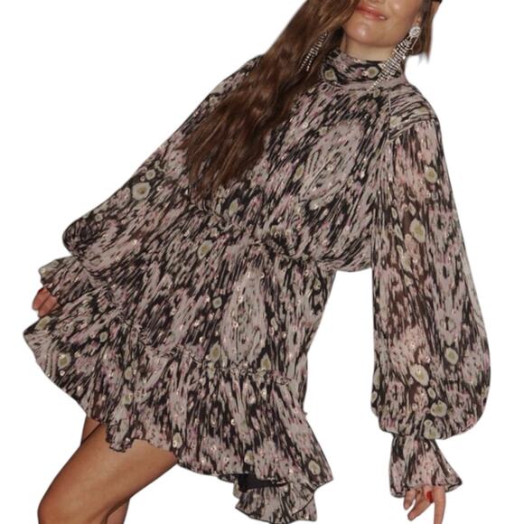 HEMANT & NANDITA Kari Short Black and Metallic Long Sleeve Mini Dress Mediuim - Picture 1 of 12